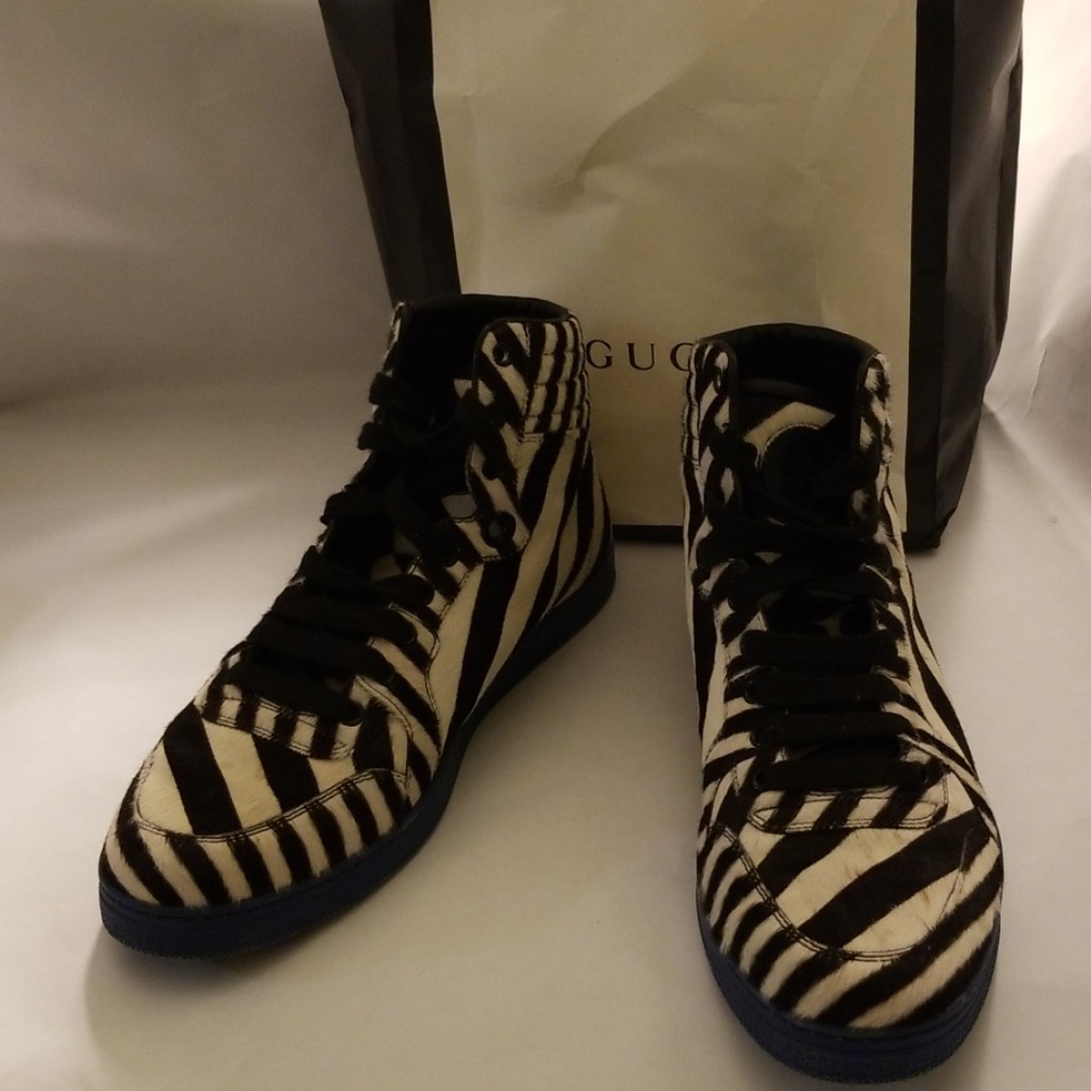 SOLD! GUCCI MENS ZEBRA CALF HAIR HIGH TOP SNEAKERS - Picture 8 of 8